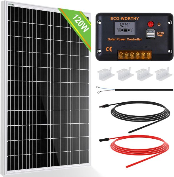 ECO-WORTHY 120W Solar Panel Kit Off-Grid System: 120W 12V Monocrystalline Solar Panel with 30A Charge Controller + Solar Cables + Tray Cables + Mounting Brackets for Motorhome RV Boat Shed Camping