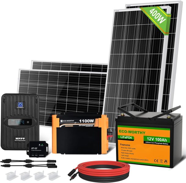 ECO-WORTHY 1.6KWH Complete Solar Panel Kit 400W 12V for RV Off Grid: 400W Solar Panels + 40A MPPT Charge Controller +12V 100Ah Lithium Battery + 1100W Solar Power Inverter + Bluetooth Module…