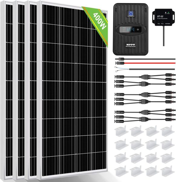 ECO-WORTHY 400 Watt 12 Volt Premium Solar Panel Kit :4pcs 100W Solar Panel+ 40A MPPT Charge Controller+ Bluetooth Module+ Mounting Z Brackets, 400W 12V Solar Power Off Grid System for Home, RV, Boat.