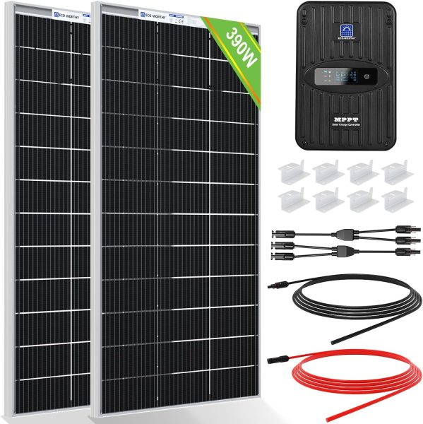 ECO-WORTHY 400W 12V Monocrystalline Solar Panel Kit: 2pcs 195W Solar Panels+40A MPPT Charger Controller+16Ft Solar Cable+Z Mounting Brackets for RV Boat Camper Marine Off-Grid Solar Power System