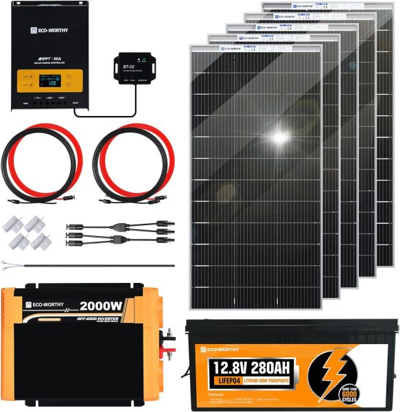 ECO-WORTHY 4KWH 1000W Solar Panel Kit System for Home House: 5pcs Bifacial 195W Solar Panels + 1pc 2000W Solar Inverter + 1pc 60A MPPT Controller + 12V 280Ah Lithium Battery